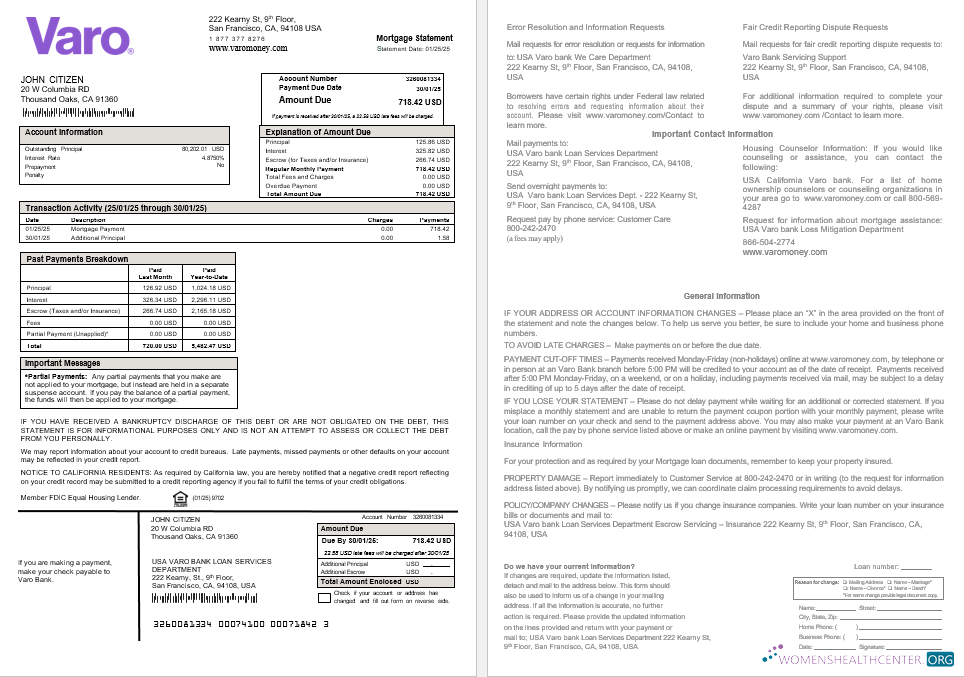 Download USA California Varo bank mortgage statement in Word and PDF formats Photoshop template
